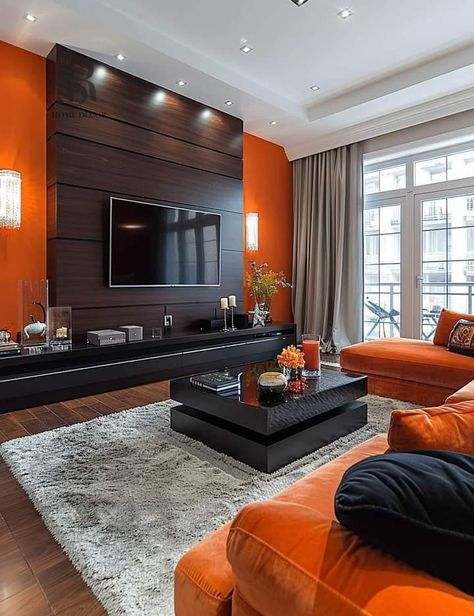 Burnt Orange Living Room, Luxury Room Decor, Burnt Orange Decor, Luxury Exterior Design, Andong, Glamour Home, Color Terracota, Latest Living Room Designs, Corner Bookshelves