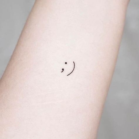 Smiley face semicolon tattoo by @simya_tattoo Small Tattoos For Beginner Artists, Mini Tattoos Semi Colon, Smiley Semicolon Tattoo, Semicolon Tattoos For Women, Cute Semicolon Tattoos, Semi-colon Tattoo Simple, Semilicolon Tattoo, Simecolen Tattoo, Tiny Semicolon Tattoo