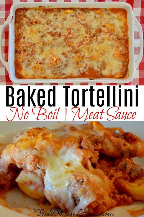 The BEST Tortellini Casserole with no boil tortellini noodles. Creamy and delicious baked pasta recipe that is done in minutes! #bakedtortellini #tortellinicasserole No Boil Tortellini Bake, Beefy Tortellini Skillet, Baked Frozen Tortellini, Frozen Tortellini Bake, Frozen Tortellini Recipes, Ground Turkey Sauce, Cheesy Tortellini Bake, Turkey Tortellini, Burger Casserole