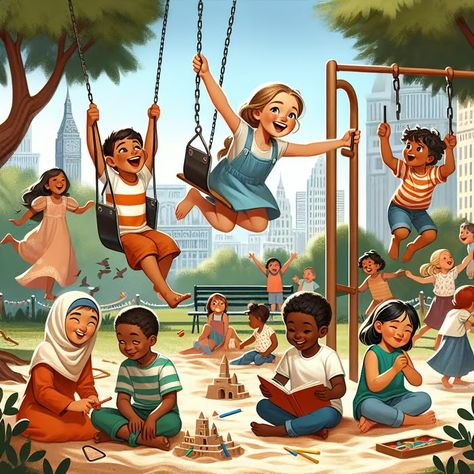 Lively Multicultural Children Playing in Park Multicultural Illustration, Children Playing Aesthetic, Children Playing Drawing, Kids Playing Illustration, Children Playing Illustration, Memory Drawing, Park Scene, School Drawing, Composition Drawing