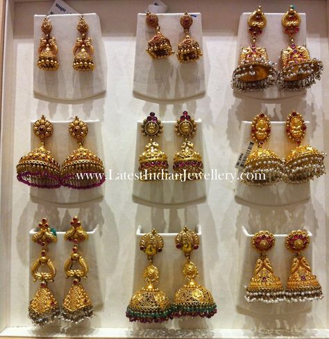 Latest Gold Jhumkas Earrings Collection | Latest Indian Jewellery Designs Dubai Gold Jewelry Earrings, Jumka Design Gold, Gold Buttalu, Temple Jewellery Jhumkas, Ikkat Lehenga, Gold Jhumkas, Jhumkas Earrings, Latest Indian Jewellery, Earrings Jhumka