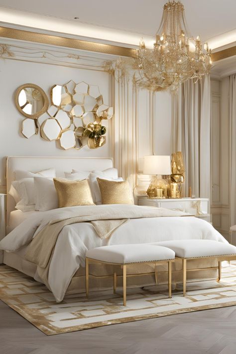 White And Gold Guest Bedroom, Minimalist Bedroom Gold Accents, Modern Classic Bedroom Design Luxury, Bedroom Ideas White And Gold, Gold And White Room, Bedroom Gold Accents, Elegant Bedroom Aesthetic, Gold Bedroom Aesthetic, Bedroom Modern Ideas