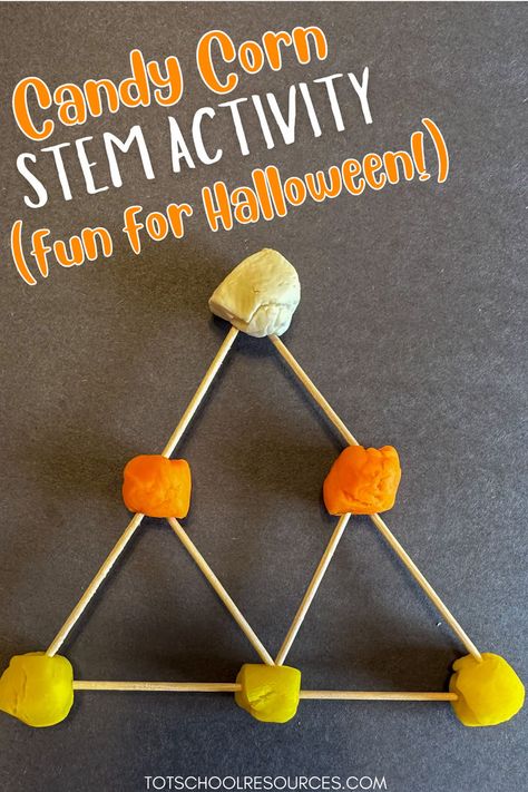 Playdough stem project for fall or Halloween 2nd Grade Fall Stem Activities, Candy Corn Stem, Toothpick Tower, Steam Activities Elementary, Halloween Stem Challenge, Fall Stem Activities, Halloween Stem Activities, Halloween Craft Activities, Candy Corn Crafts