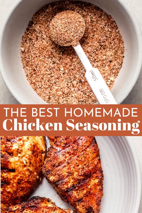 This 6-ingredient chicken seasoning mix is the secret to the best-tasting chicken! Easy to make with simple savory-smoky spices, it’s perfect for chicken breasts, thighs, drumsticks, wings, and more. Seasoning For Whole Chicken, Quick Chicken Seasoning, Best Seasoned Chicken, Spices For Chicken Breast, Healthy Chicken Seasoning Recipes, Seasoning For Chicken Tenders, Kickin Chicken Seasoning, Spice Mix For Chicken, Savory Chicken Seasoning