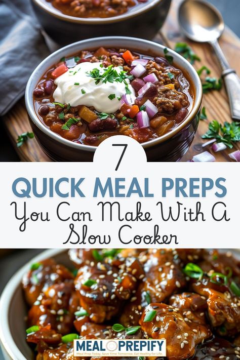 Multiple dishes from Quick Meal Preps You Can Make with a Slow Cooker, featuring a collection of slow cooker meals like soups and stews. Crockpot Food Prep Recipes, Crockpot Make Ahead Meals, Quick Slow Cooker Meals, Slow Cooker Hacks, Slow Cooker Meal Prep, Crockpot Meal Prep, Slow Cooker Apple Crisp, Slow Cooker Lentil Soup, Slow Cooker Chili Beef