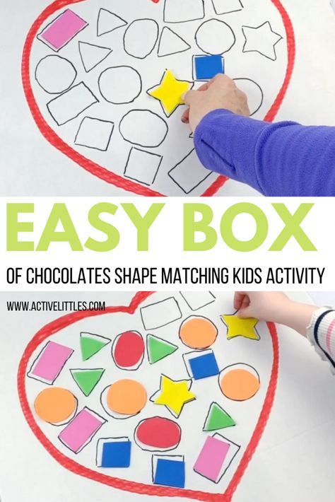 Easy Box of Chocolates Shape Matching Kids Activity - Active Littles Valentine Cognitive Activities For Kids, Valentines Day Shape Activities, Valentines Shapes Activities, Valentines Days Activity For Kids, Valentine Activity For Kids Preschool, Valentine Small Group Activities Preschool, Valentine Learning Activities Preschool, Valentine Shape Activities, Hearts Preschool Activities