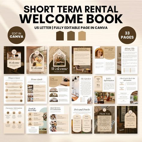 Airbnb Welcome Book Template - EDITABLE CANVA TEMPLATE - Digital and Print Use Our Airbnb Welcome Book Template is something you don't want to miss! It's fully editable in Canva, this Airbnb guide book is the perfect way to welcome your guests to your vacation rental. With its modern, sleek, and thoughtfully designed layout, your guests will feel right at home.  The template includes everything your guests need to know, such as check-in instructions, house rules, wifi password, recommendations, Guest Information Book, Guest Book Ideas For Airbnb, Airbnb Welcome Book Ideas, Welcome Book Design, Airbnb Instructions, Airbnb Booklet, Basement Airbnb, Air Bnb Welcome Book, Airbnb Branding