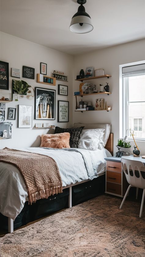 Sophisticated Dorm Room Ideas, Apartment Bedroom Decorating On A Budget, Boho College Bedroom, Brown And Cream Dorm Room, Above Bed Decor College, Students Bedroom Ideas, Bed By Window Ideas Small Spaces, Dream Dorm Room Cozy, Dorm Room Ideas Full Size Bed