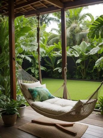 Hammock In Backyard, Tropical Patio Design, Garden Hammock Ideas, Garden With Hammock, Tropical House Design Exterior, Relaxing Backyard Ideas, Tropical Garden Design Landscaping, Backyard Tropical Oasis Ideas, Florida Backyard Ideas