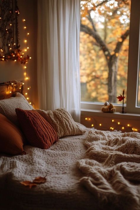 Cozy Fall Decor Ideas: Get ready to snuggle up with these 20 autumn-inspired decorating tips, from rustic porch decorations to warm centerpiece ideas. Create a welcoming atmosphere in your home this season! Check it out and start decorating! #fall #falldecor #fallvibes #aesthetic #fallautumn #autumn #fallaesthetic #orange #houseinspo #white Bedroom Fairy Lights, Fall Decor Bedroom, Fall Bedroom Decor, Leaves Changing Color, Rustic Porch, Fairy Lights Bedroom, Fall Bedding, Cozy Fall Decor, Fall Bedroom