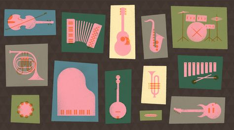 Instruments large Draw Comic, Guitar Illustration, Cover Design Inspiration, Music Flyer, Music Festival Poster, Music Illustration, Nursery Art Boy, Children's Illustration, Drawing Games