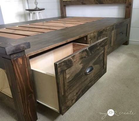 Farmhouse Storage Bed, Diy King Bed Frame, Diy King Bed, Diy Farmhouse Bed, Bed With Drawer, Rustic Bed Frame, Diy Storage Bed, Bed Frame Plans, Casual Home Decor