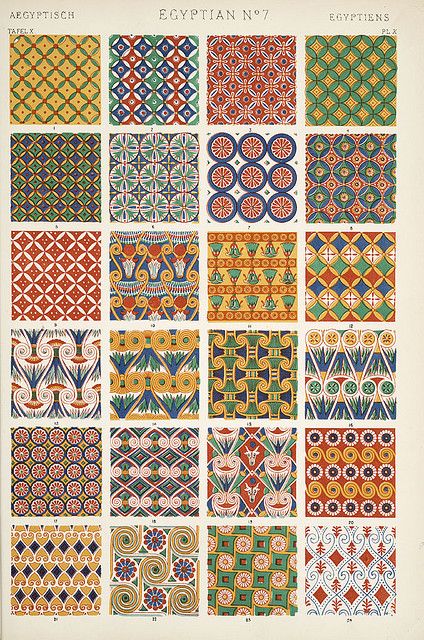 Image Plate from Owen Jones' 1853 classic, "The Grammar of Ornament". Just like the look as colors! Egyptian Decorations, Egyptian Ornamented, Grammar Of Ornament, Egyptian Pattern, Egyptian Motifs, Owen Jones, Egyptian Design, طابع بريدي, Graphic Design Books