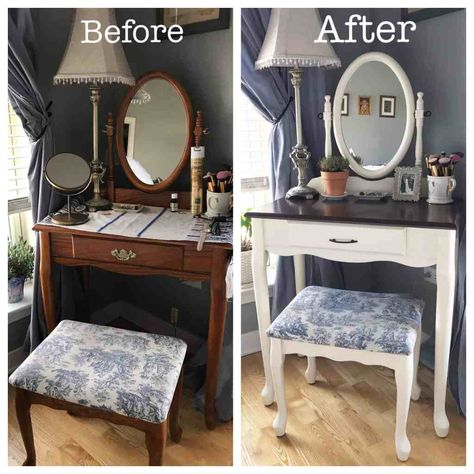 DIY Vanity Makeover with Annie Sloan Chalk Paint - My Petite Joys Redo Vanity Makeup, Refurbished Makeup Vanity, Painted Makeup Vanity, Diy Vanity Makeover, Refurbished Vanity, Diy Vanity Table, Vanity Redo, Old Vanity, Oak Vanity