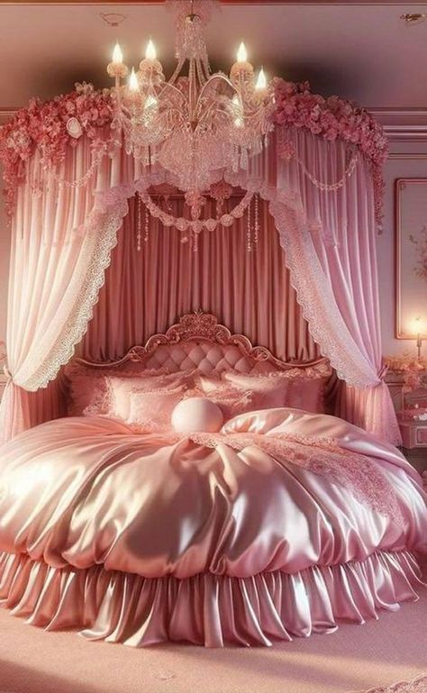 Romantic Bedroom Interior, Princess Bedrooms, Royal Bedroom, Round Bed, Dream Bedroom Inspiration, Fantasy Bedroom, Round Beds, Pink Bedrooms, Romantic Bedroom