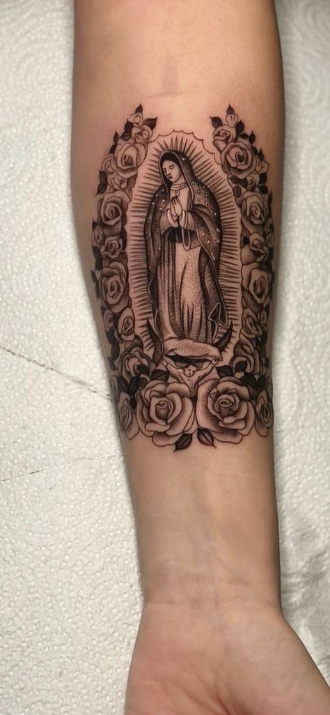 Virgin Mary Arm Sleeve, Our Lady Guadalupe Tattoo, Virgin Mary With Roses Tattoo, Mexico Tattoo Ideas For Women, Virgen De Guadalupe Tattoo Ideas Forearm, La Virgencita Tattoo, Small Virgencita Tattoo, Virgencita Tattoo Women, Virgin Of Guadalupe Tattoo