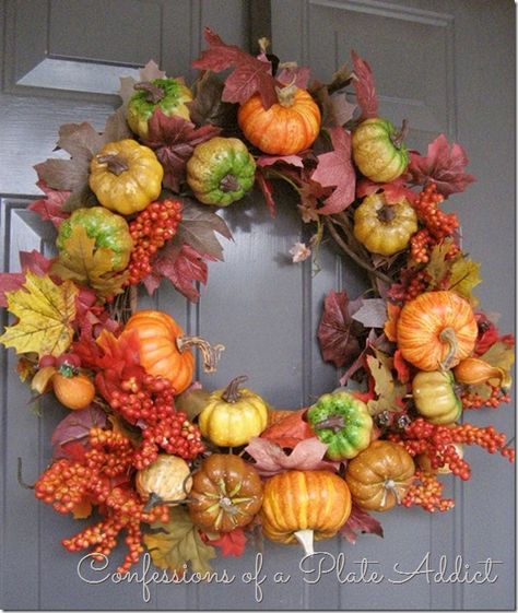 CONFESSIONS OF A PLATE ADDICT Fall Wreath Pumpkin Wreath Diy, Burlap Pumpkins, Pottery Barn Inspired, Door Wreaths Fall, Faux Pumpkins, Diy Fall Wreath, Fall Door, Pumpkin Wreath, Fabulous Fall