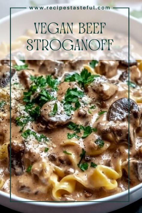 A delicious and hearty meal that's perfect for a cozy dinner. This vegan twist on the classic stroganoff features rich flavors from vegan ground beef, mushrooms, and a creamy sauce, served over your choice of pasta. Ground Beef And Mushrooms, Beef And Mushroom Recipe, Vegan Stroganoff, Beef And Mushrooms, Vegan Mushroom Stroganoff, Vegan Ground Beef, Ground Beef Stroganoff, Ground Beef Pasta, Vegan Beef