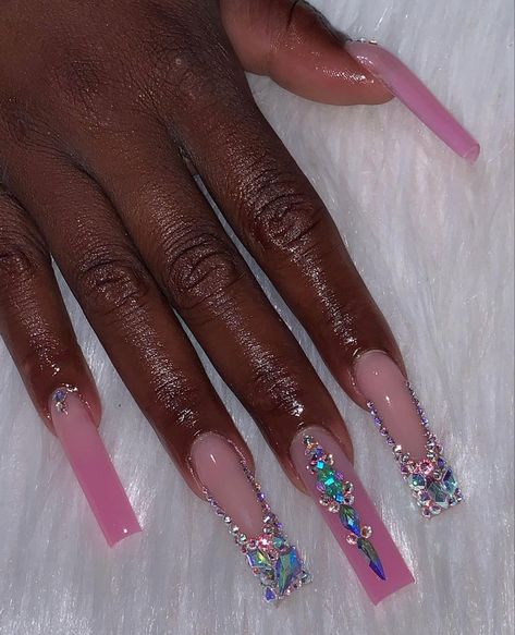 Silver Rhinestone Nails, White Nails With Jewels, Diamond French Tip, French Tips With Rhinestones, Full Bling Nails, Pink Gem Nails, Nicki Minaj Nails, White Coffin Nails, Long Acrylic Nail Designs