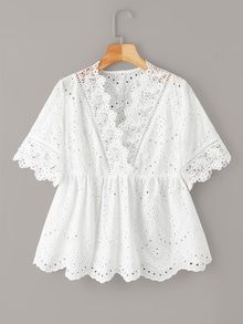 White Contrast Trim Bell Sleeve Button Blouse | SHEIN Blouse Peplum, Pizza Bianca, Eyelet Embroidery, Fashion Tops Blouse, Trendy Fashion Tops, Peplum Blouse, Plus Size Blouses, White Blouse, Fashion Tops