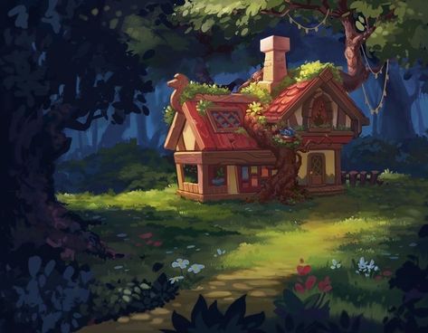 Cottage Concept Art, Witch Hut, Fantasy Cottage, Forest Cottage, House Cartoon, Cartoon House, Witch Doctor, Landscape Elements, Fantasy Props