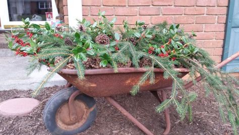 Old Wheelbarrow Ideas For Christmas, Old Wheelbarrow Ideas, Wagon Ideas, Wheelbarrow Planter, Christmas Patio, Wheel Barrow, Outside Christmas Decorations, Wheelbarrows, Winter Porch