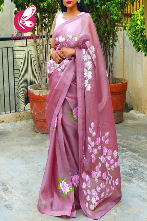 Buy Mauve Hand-painted Pure Organza Saree - Sarees Online in India | Colorauction Painting On Organza Sarees, Painting Sarees Hand, Saree Painting Designs Cotton, Hand Painted Silk Saree, Organza Saree Painting Ideas, Hand Painted Organza Sarees, Cotton Saree Painting Ideas, Organza Saree Painting, Hand Painted Saree Design