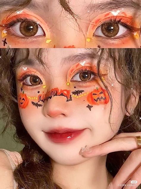 Korean Halloween, Girl Halloween Makeup, Halloween Snap, Orange Makeup, Halloween Eye Makeup, Ulzzang Makeup, Halloween Eyes, Halloween Makeup Easy, Crazy Makeup