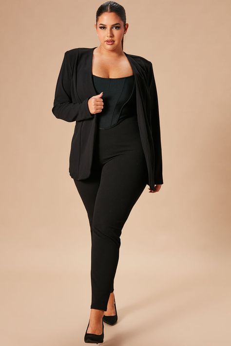 Discover Plus Size - Work Collection | Fashion Nova Romper With Blazer, 70s Aesthetic Fashion, Plus Size Workwear, Black White Blazer, Open Blazer, Plus Size Romper, Office Outfits Women, Blazer Set, 60 Fashion