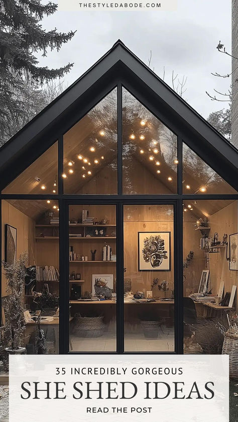 she shed ideas Ultimate She Shed, Backyard Shed Gym Ideas, Hillside Shed, She Shed Ideas Offices, She’d Office, Cute Sheds Cottage Style, She Shed Guest Room, She Shed Spa Ideas, She Shed Inspiration