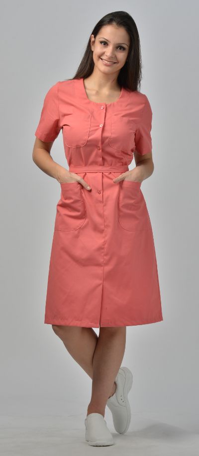 Button Front Dress | Avida Healthwear Inc. Scrub Dress Uniform Nurses, Uniform Dress Styles For Work, Dress Scrubs, Nurse Scrub Dress, Housekeeping Dress, Scrub Dress, Nurse Fashion, Patient Gown, Salon Uniform