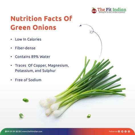 Green onions have the nutritional benefits of both onions and leafy greens like spinach or chard. It is high in vitamin C, which boosts defenses and protects against coronary disease, eye disease and wrinkles. #greenonions #leafygreens #vitamins #nutritional #fiber #sodium #thefitindian Onion Nutrition Facts, Green Onion, Leafy Greens, Chard, Eat Right, Green Onions, Nutrition Facts, Onions, Vitamin C