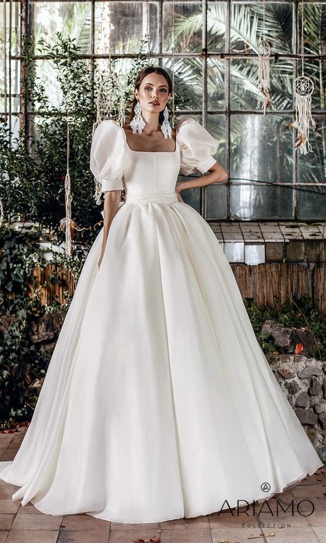 Ariamo Bridal 2022 Wedding Dresses | Wedding Inspirasi -- ariamo 2022 bridal elbow length puff sleeve square neckline clean minimalist a line ball gown wedding dress chapel train (serenity) mv #Ad #Ariamo #AriamoBridal #Sposa #Bridal #Wedding #Weddingdress #WeddingDresses #WeddingGown #WeddingGowns ~ 2026 Wedding, Bridal Era, Puff Sleeve Wedding Dress, Simple Wedding Gowns, Grand Wedding, Neck Wedding Dress, Bow Wedding Dress, Simple Gowns, Chiffon Wedding Dress