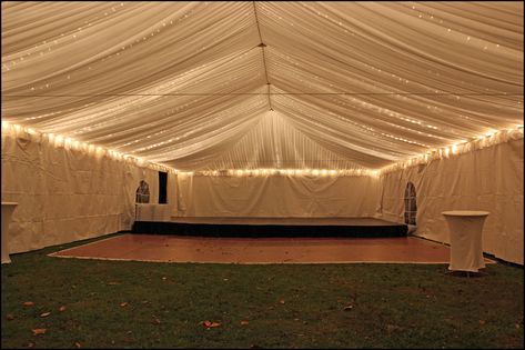 Lighting Plan A Tent With Draping And Lights, Tent Drapes With Lights, Wedding Tent Twinkle Lights, Clear Tent With Lights Wedding, Wedding Clear Tent String Lights, Sperry Tent Wedding Lighting, Perimeter Lighting, White Winter Wedding, Tent Lighting