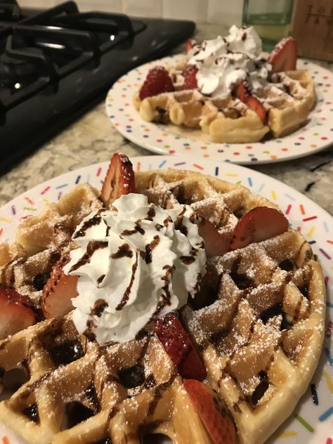 (Homemade) Waffles w/ chocolate & maple syrup strawberries powdered sugar of course whip cream. #food #meal #foods #healthyfood #keto Strawberry Powder, Homemade Waffles, Chocolate Powder, Maple Syrup, Powdered Sugar, Whipped Cream, Waffles, Cream, Healthy Recipes