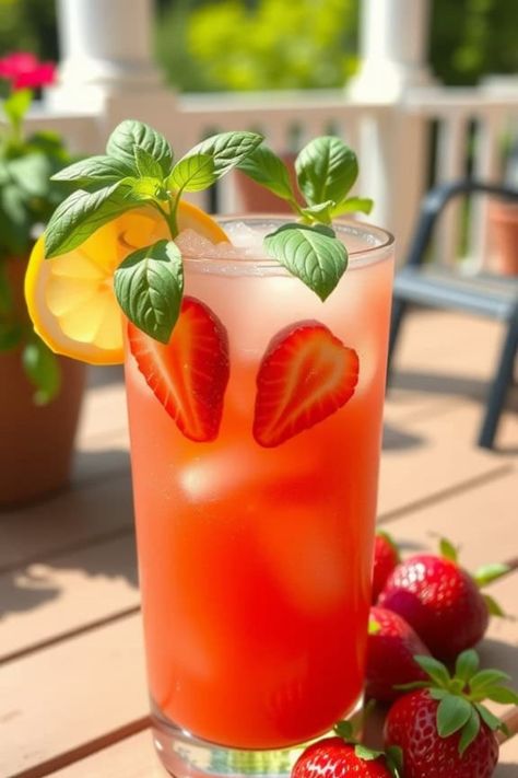 Refreshing strawberry lemonade garnished with basil and lemon slice on a sunny porch. Snack Low Calorie, Strawberry Yogurt Parfait, Snack Combinations, Strawberry Basil Lemonade, Strawberry Bites, Strawberry Soup, Low Calorie Recipe, Basil Lemonade, Strawberry Treats