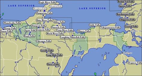 Waterfalls of Michigan's U.P.    My favorite is the Munising Falls and it isn't even on this map! Michigan Bucket List, Michigan Waterfalls, Map Of Michigan, Michigan Map, Upper Michigan, Michigan Adventures, Michigan Girl, Michigan Road Trip, Michigan Vacations