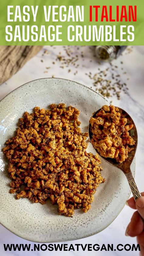 These Vegan Italian Sausage Crumbles are a quick and flavorful addition to any meal. Made with Textured Vegetable Protein and a mix of herbs and spices, you can add these veggie crumbles to soups, pasta, sauces, pizza, and more. #vegansausage #vegansausagecrumbles #veganpizzatoppings #veganitaliansausage #veganmeat #tvp #veganrecipes #easyveganrecipes Tofu Sausage, Veggie Sausage, Vegan Tofu, Marinated Tofu, Vegan Italian, Ground Sausage, Crumble Recipe, Vegan Sausage, Baked Tofu