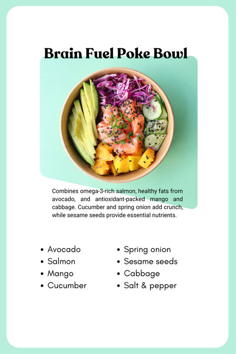 Boost your brainpower with this nutrient-packed poke bowl! Featuring salmon, avocado, mango, and sesame seeds, it’s a delicious way to fuel focus and energy. Perfect for healthy eating and meal prep inspiration. Poke Bowl Recipe, Salmon Avocado, Poke Bowl, Brain Food, Bowl Recipe, Spring Onion, Bowls Recipe, Sesame Seeds, Healthy Fats