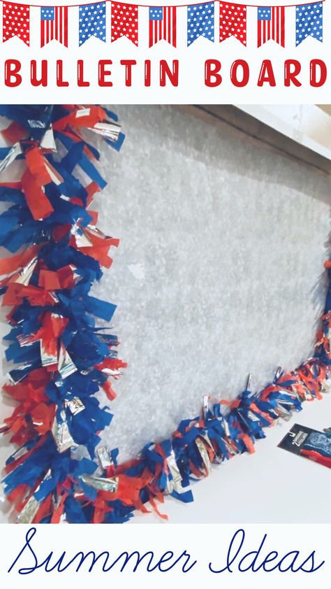 Patriotic School Decorations, American Bulletin Board Ideas, Patriotic Office, Patriotic School Bulletin Boards, Patriotic Classroom Door, Red And Blue Classroom Theme, 4th Of July Board Ideas, Americana Classroom Theme, 4th Of July Classroom Bulletin Boards