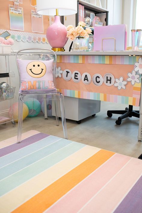 Our classroom rugs are perfect finishing touch! Our trendy and gorgeous designs will bring life into your classroom and infuse you and your students with JOY! We have pastel rugs, sit spot rugs, floral classroom rugs, neutral classroom rugs, black and white classroom rugs, smiley face rugs, and so many more! Classroom Smiley Face Theme, Pastel Smiley Face Classroom, Preppy Teacher Classroom, Retro Pastel Classroom, Stoney Clover Classroom, Pastel Pop Classroom, Preppy Classroom Decor, Pastel Color Classroom, Smiley Face Classroom Theme