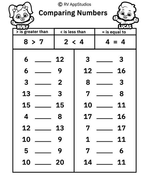 FREE comparing number worksheets pdf for kids. Comparing numbers worksheet can be used for practicing and assessing. Free Printable number comparison worksheets are best to remember Greater than, Less than, and Equal to sign. #compare #numbers #math #worksheets #rvappstudios #kids #kindergarten #prek #ordering Comparing Numbers Worksheet, Number Worksheets Kindergarten, Teaching Math Elementary, Addition Worksheet, Free Printable Numbers, Math Practice Worksheets, Numbers Worksheet, Numbers Worksheets, Primary Writing