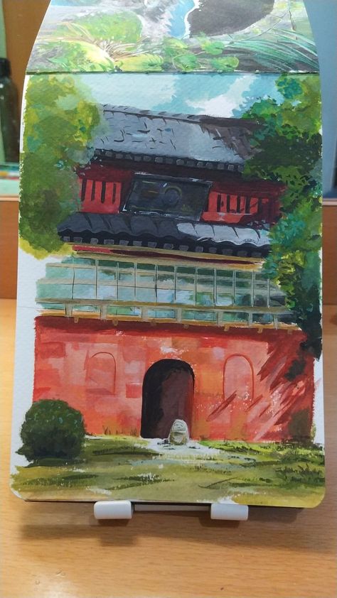 Studio Ghibli Scenery Gouche, Ghibli Scenes To Paint, Studio Ghibli Scenes To Paint, Studio Ghibli Painting Ideas, Ghibli Landscapes, Ghibli Study, Studio Ghibli Watercolor, Ghibli Watercolor, Studio Ghibli Painting