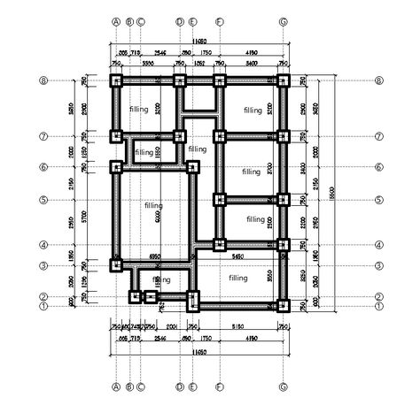 Foundation layout of 11x15m house plan is given in this Autocad drawing file. This is single story house plan. Foundation Layout Plan, Building Plan Drawing, Foundation Plan, Single Story House, 1 Story House, Engineering Drawing, Building Layout, Types Of Architecture, Building Plans House