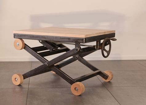 Metal and wood scissor lift coffee table — The Practical Engineer Woodshop Ideas, Modern Industrial Furniture, Lift Coffee Table, Lift Table, Wooden Wheel, Scissor Lift, Woodworking Workbench, Homemade Tools, Adjustable Table