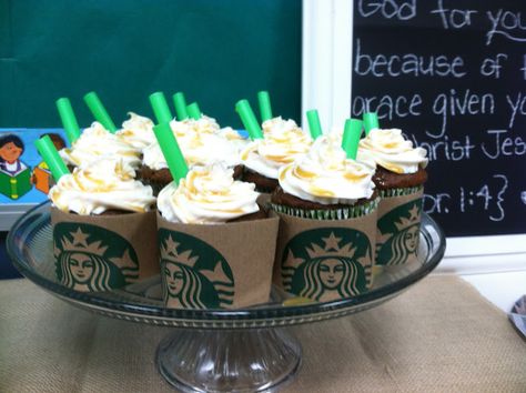 Great idea for teacher's luncheon. Starbucks Cupcakes, Starbucks Party, Coffee Party, Cute Cupcake, Creative Cupcakes, Girl Cupcakes, Cute Cupcakes, Fun Cupcakes, Yummy Cupcakes