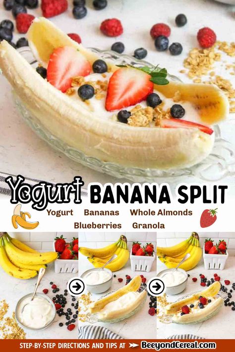 Banana Yogurt Split, Banana Yogurt Dessert, Banana Split Yogurt, Banana Split Breakfast, Fruits For Breakfast, Healthy Morning Breakfast, Breakfast Banana Split, Healthy Banana Split, Fruit And Yogurt