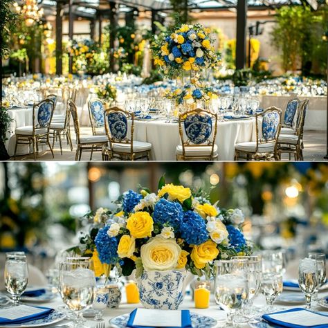 Brighten Your Reception: 7 Blue and Yellow Wedding Reception Ideas - Yeah Weddings Royal Blue And Yellow Wedding Theme Table Settings, Dusty Blue And Yellow Wedding Theme, Yellow Wedding Reception, Yellow And Navy Wedding, Pale Yellow Weddings, Yellow And Blue Wedding, Blue Yellow Weddings, Blue And Yellow Wedding, Yellow Wedding Theme