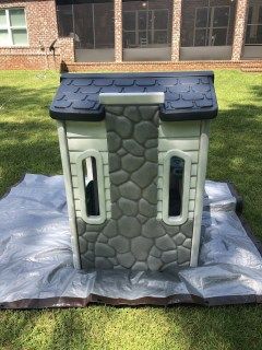 Playhouse Farmhouse, John Deere Decor, House Diys, Plastic Playhouse, Playhouse Makeover, Toddler Garden, Cottage Remodel, Backyard Kids, Playhouse Ideas