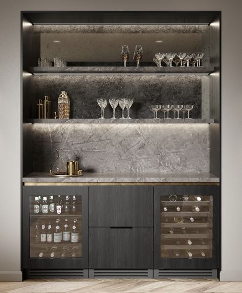 Condo Bar Ideas, Modern Wine Bar Design, Home Bar With Sink, Bar Inset In Wall, Wall Bar Ideas For Home Modern, Modern Home Bars, Contemporary Wet Bar, Luxury Wet Bar, Wine Area In Kitchen